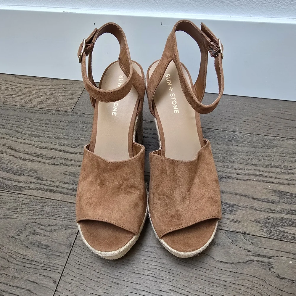 Sun + Stone Fey Platform Ankle Strap Espadrille Block Heel Sandal in Cognac